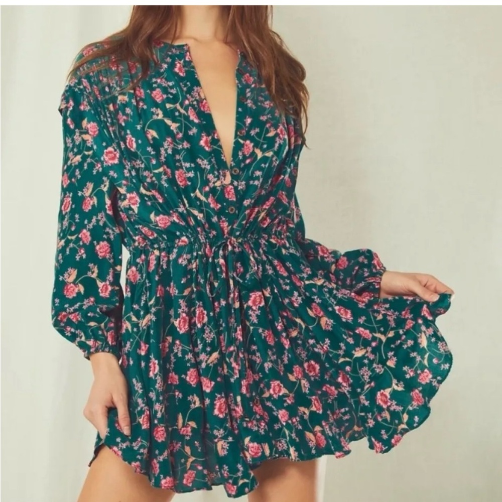 Free People Flower Fields Dress. XL. Green. Teal. Long sleeve. Mini. Floral.